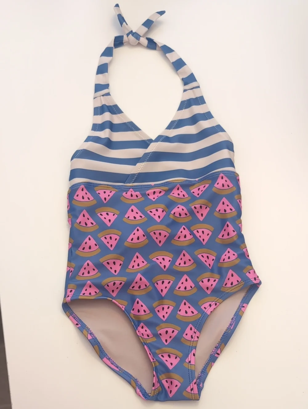 Tea Collection Blue & Pink Striped Halter One-Piece with Watermelon Print